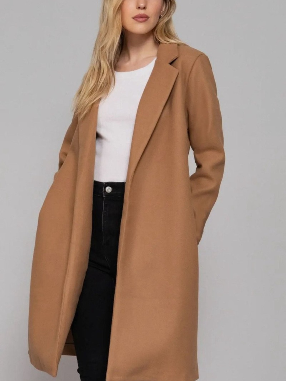 H&M Camel Long Trench Coat with Notch Lapel